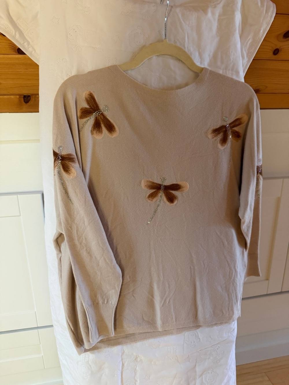 Beige Dragonfly Embellished Crew Neck Sweater